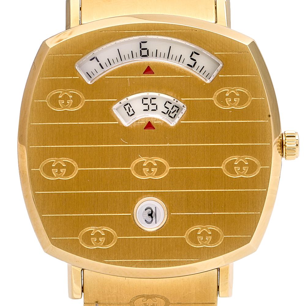 Inspired by the way a rider's shoe sticks to the grip tape of a skateboard, the Grip by Gucci fits comfortably on the wrist. The creation is truly an impeccably-finished wristwatch by Gucci to grace your wrist with luxury. Made from yellow gold