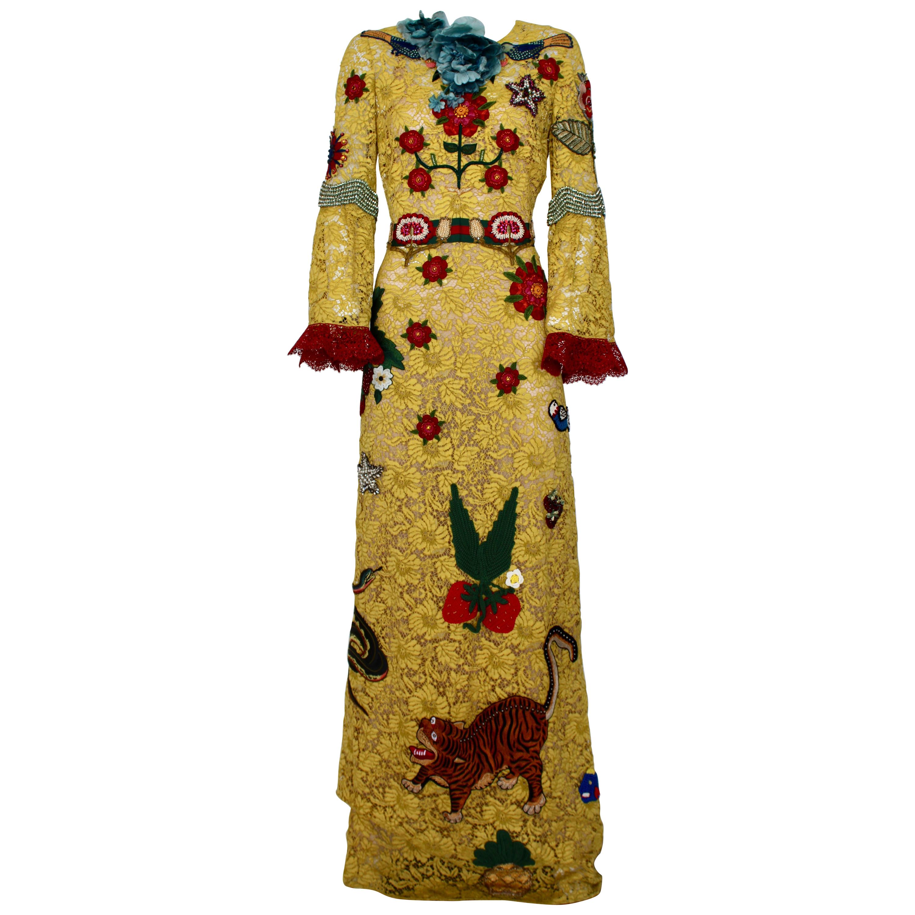 Gucci Yellow Lace Embroidered Runway Dress / Gown, Cruise 2016 - Retail $21, 000 For Sale