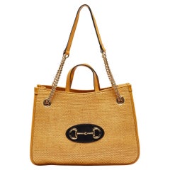 Gucci Yellow Leather and Raffia Horsebit 1955 Chain Tote