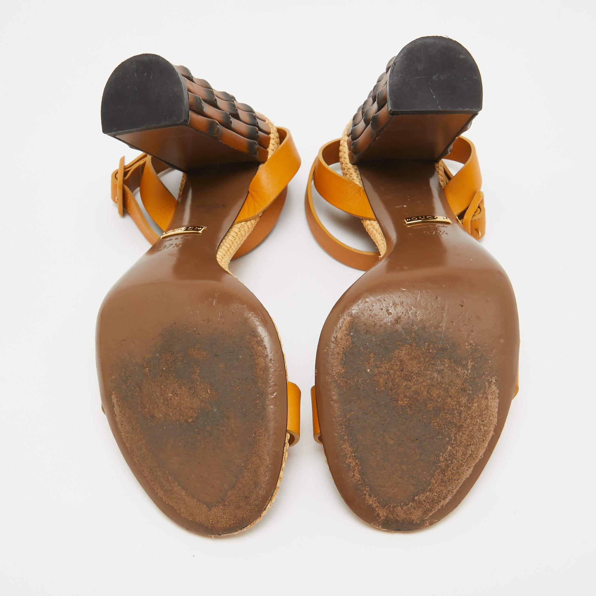 Gucci Yellow Leather Bamboo Block Heel Ankle Strap Sandals Size 37.5 2