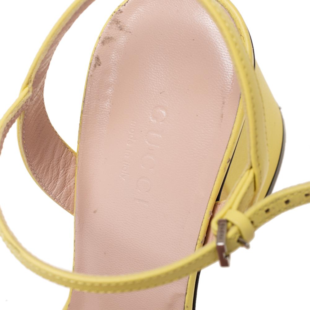 Beige Gucci Yellow Leather GG Marmont Block Heel Ankle Strap Sandals Size 36