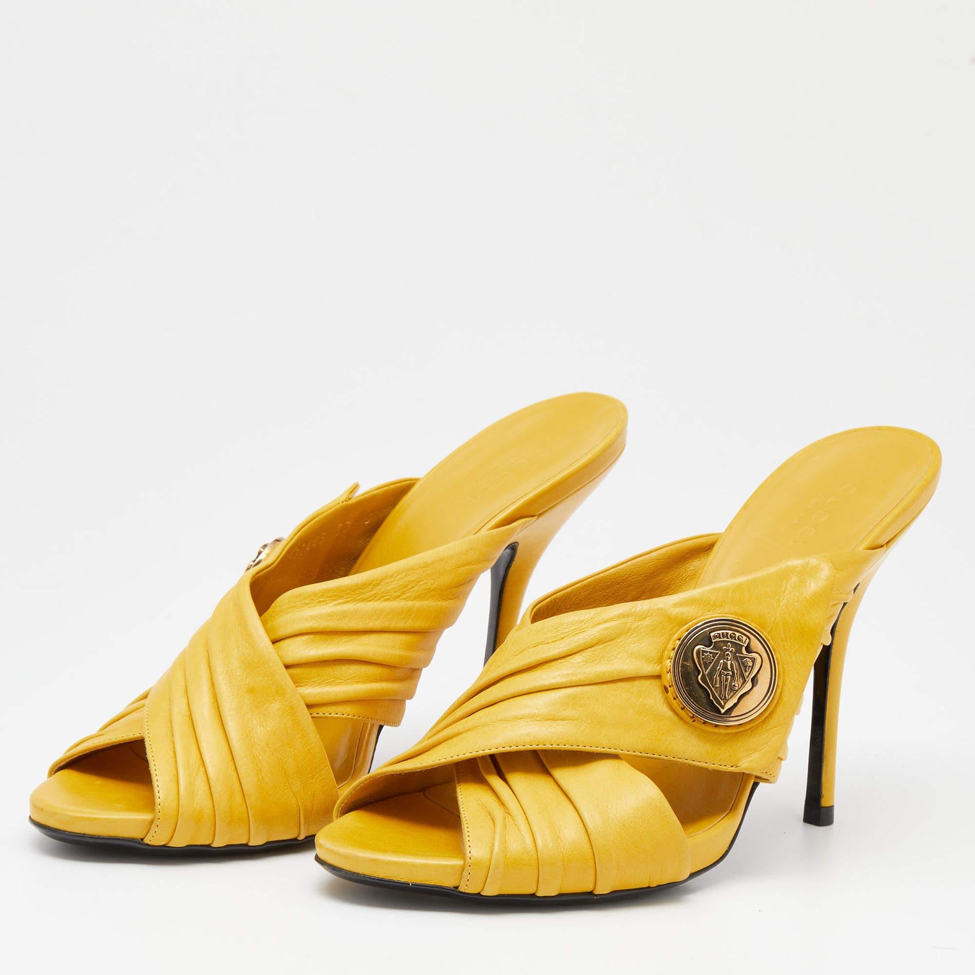 Women's Gucci Yellow Leather Hysteria Cross Slide Sandals Size 37.5
