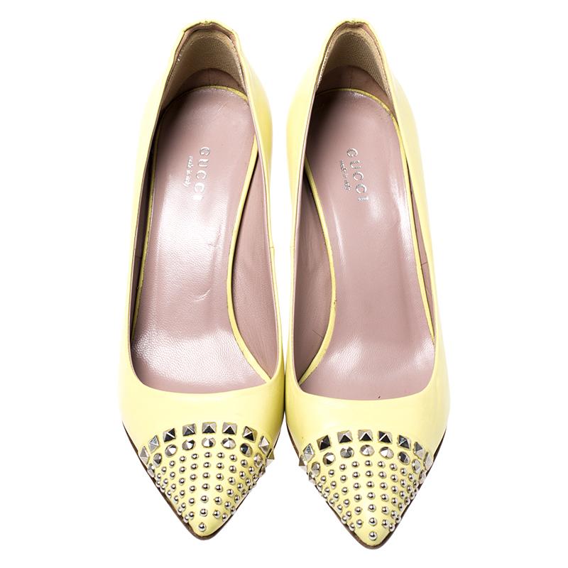 Beige Gucci Yellow Leather Studded Pointed Toe Pumps Size 38.5