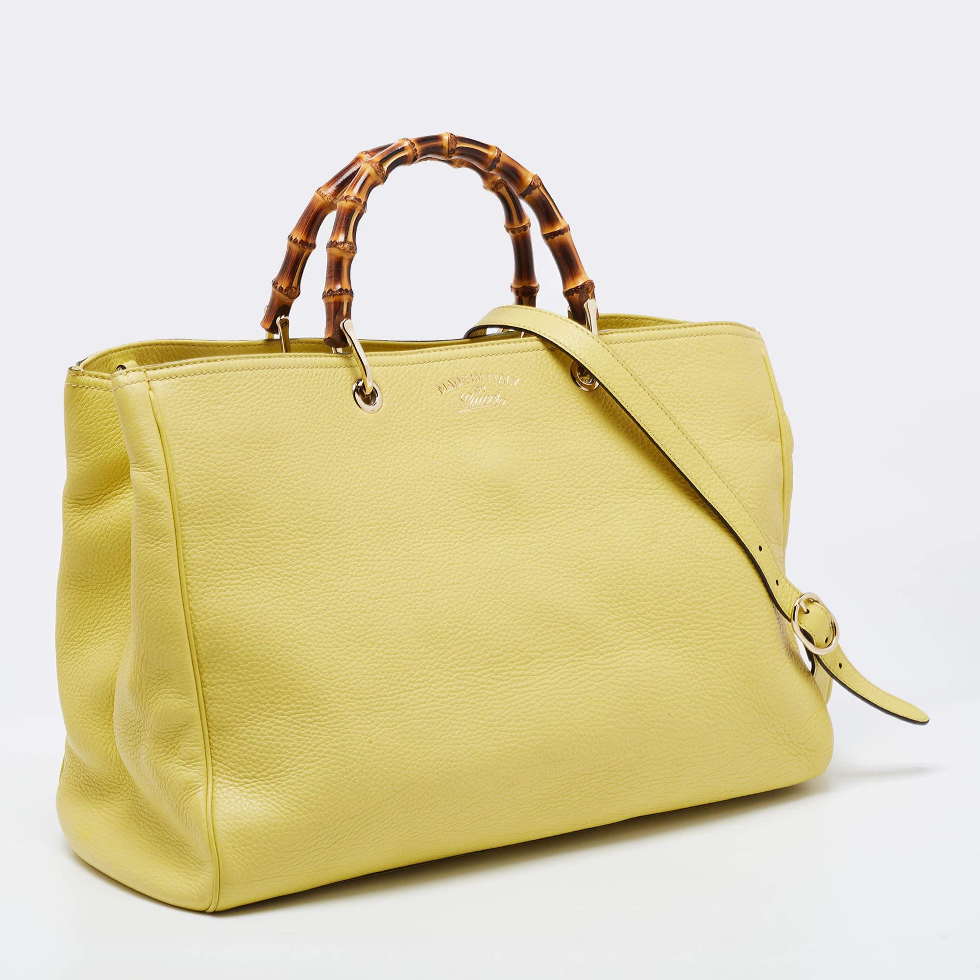 Gucci Yellow Lime Leather Large Bamboo Handle Shopper Tote 3