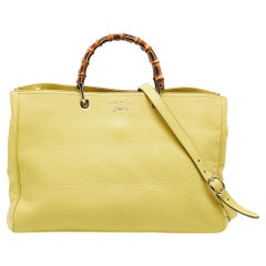 Gucci Yellow Lime Leather Large Bamboo Handle Shopper Tote