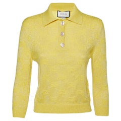 Gucci Yellow Monogram Patterned Lurex Knit Long Sleeve Polo XS