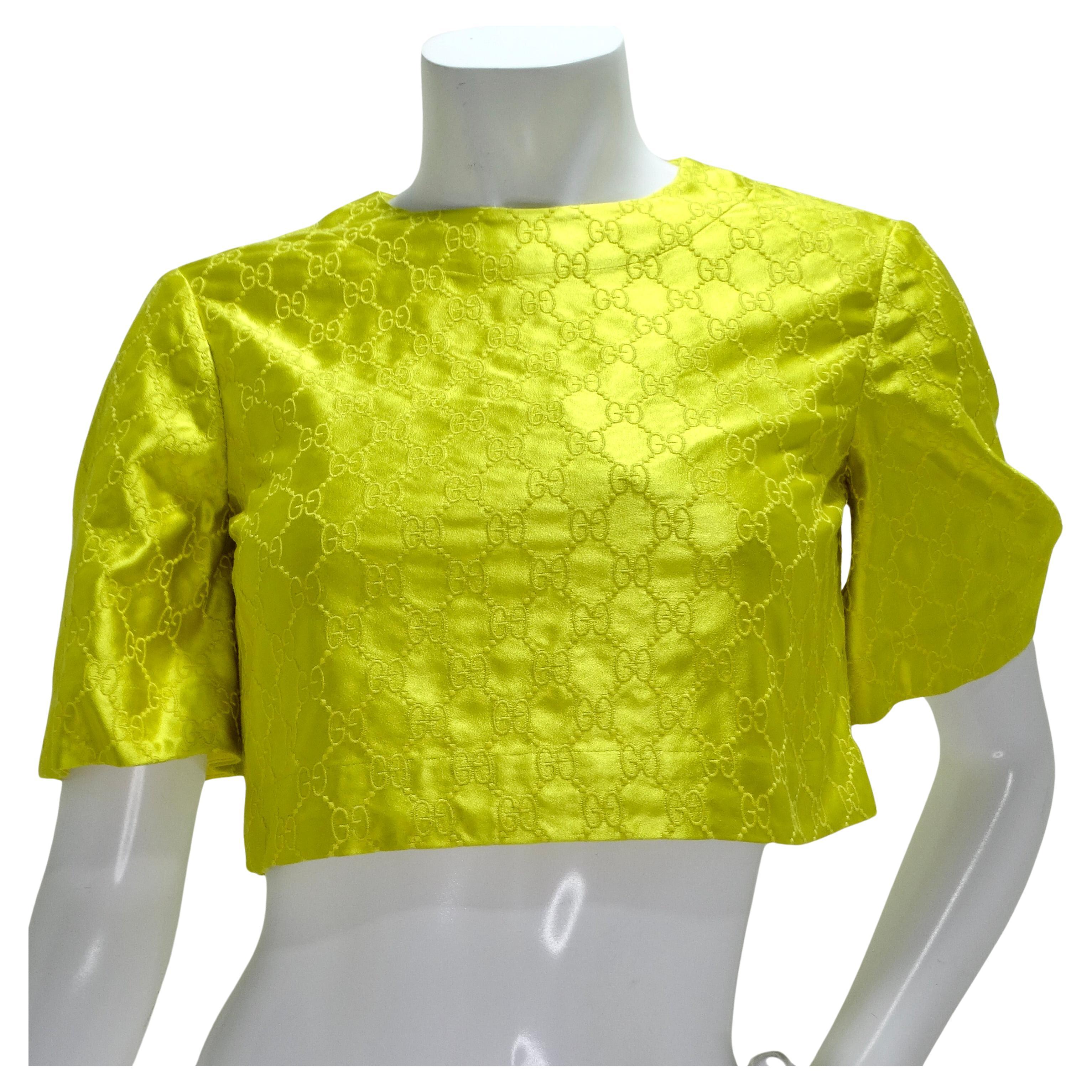 Gucci Yellow Monogram Satin Crop Top For Sale