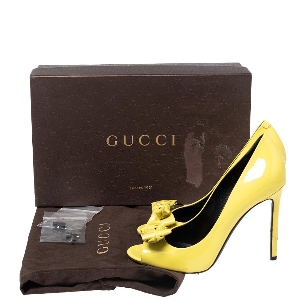Gucci Yellow Patent Clodine Peep Toe Bow Pumps Size 38 For Sale 1