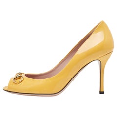 Gucci Yellow Patent Leather Horsebit Peep Toe Pumps Size 38