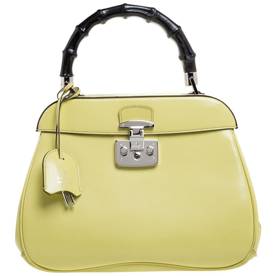 Gucci Yellow Patent Leather Lady Lock Bamboo Top Handle Bag