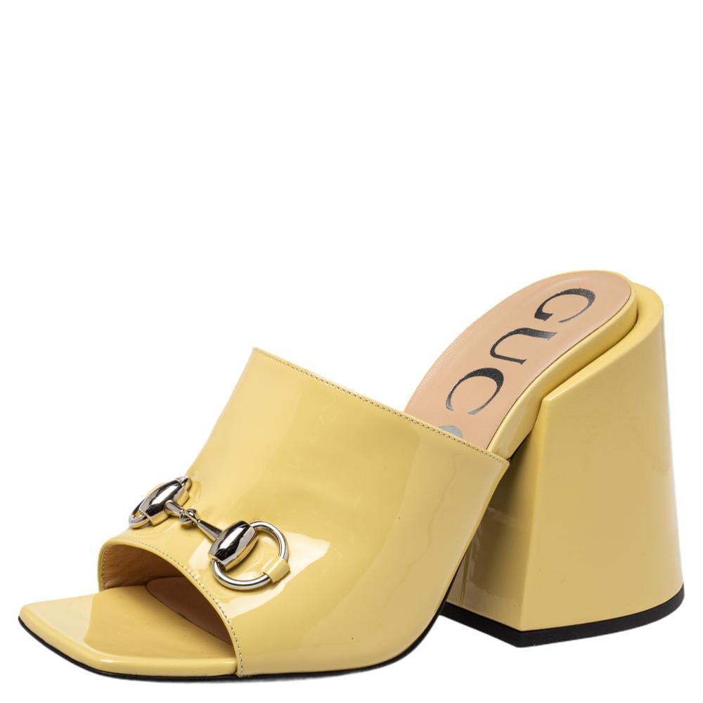 Gucci Yellow Patent Leather Lexi Slide Sandals Size 37.5