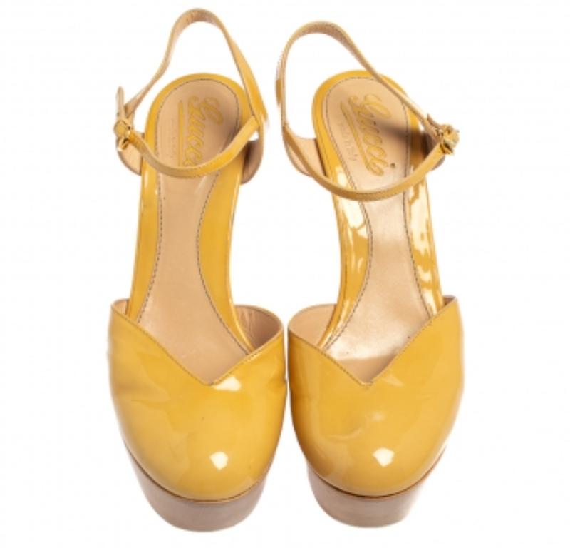 Gucci Yellow Patent Leather Platform Ankle Strap Sandals Size 38.5 For Sale 2
