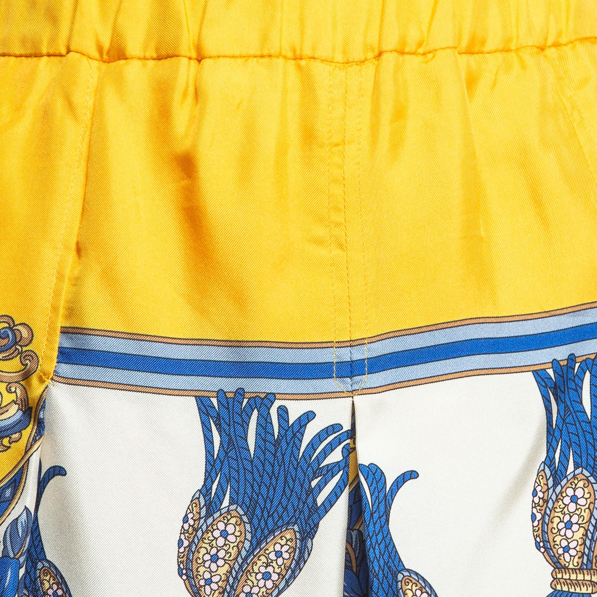 Gelbe plissierte Palazzo-Hose aus bedruckter Seide und Twill von Gucci S im Angebot 1