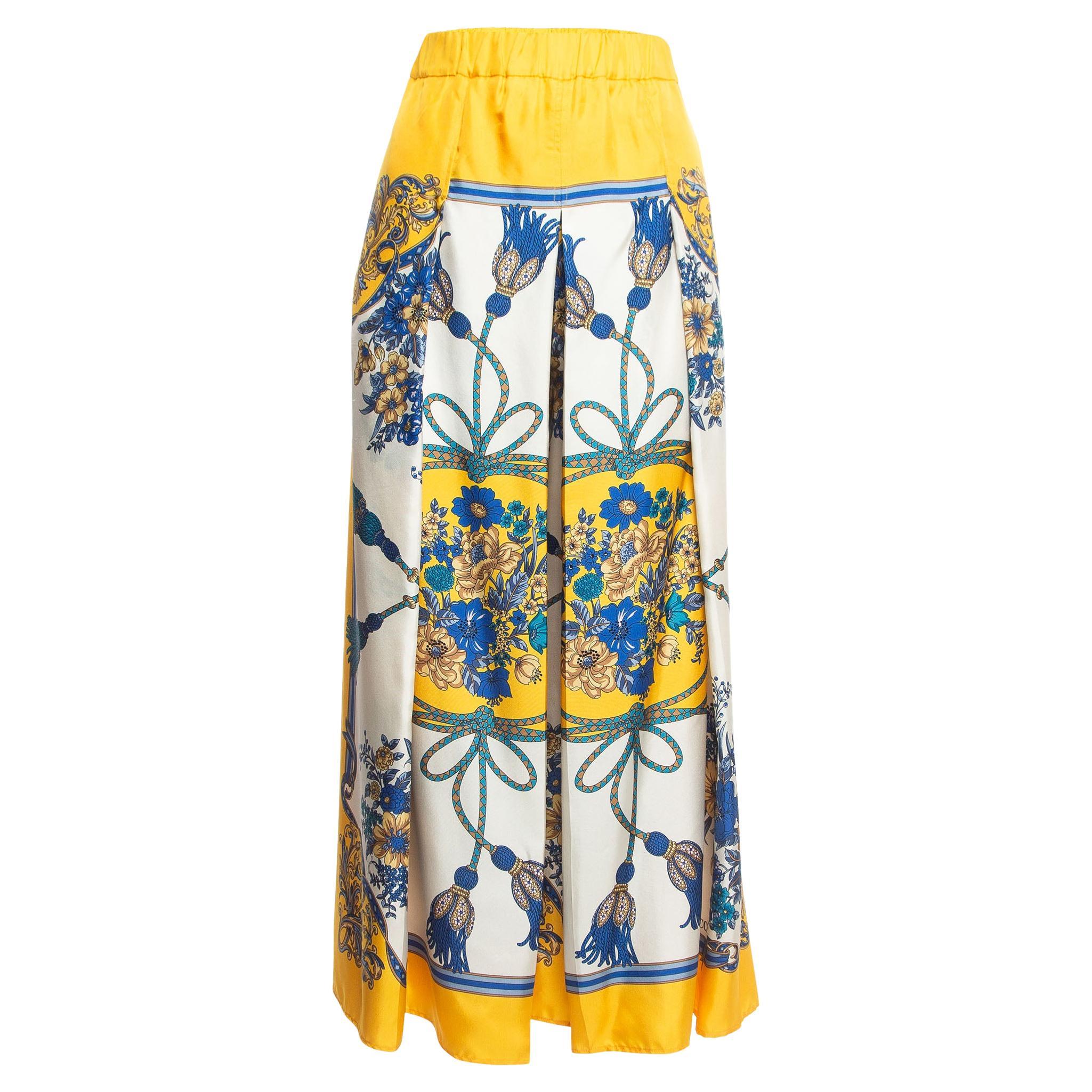 Gucci Yellow Printed Silk Twill Pleated Palazzo Pants S For Sale