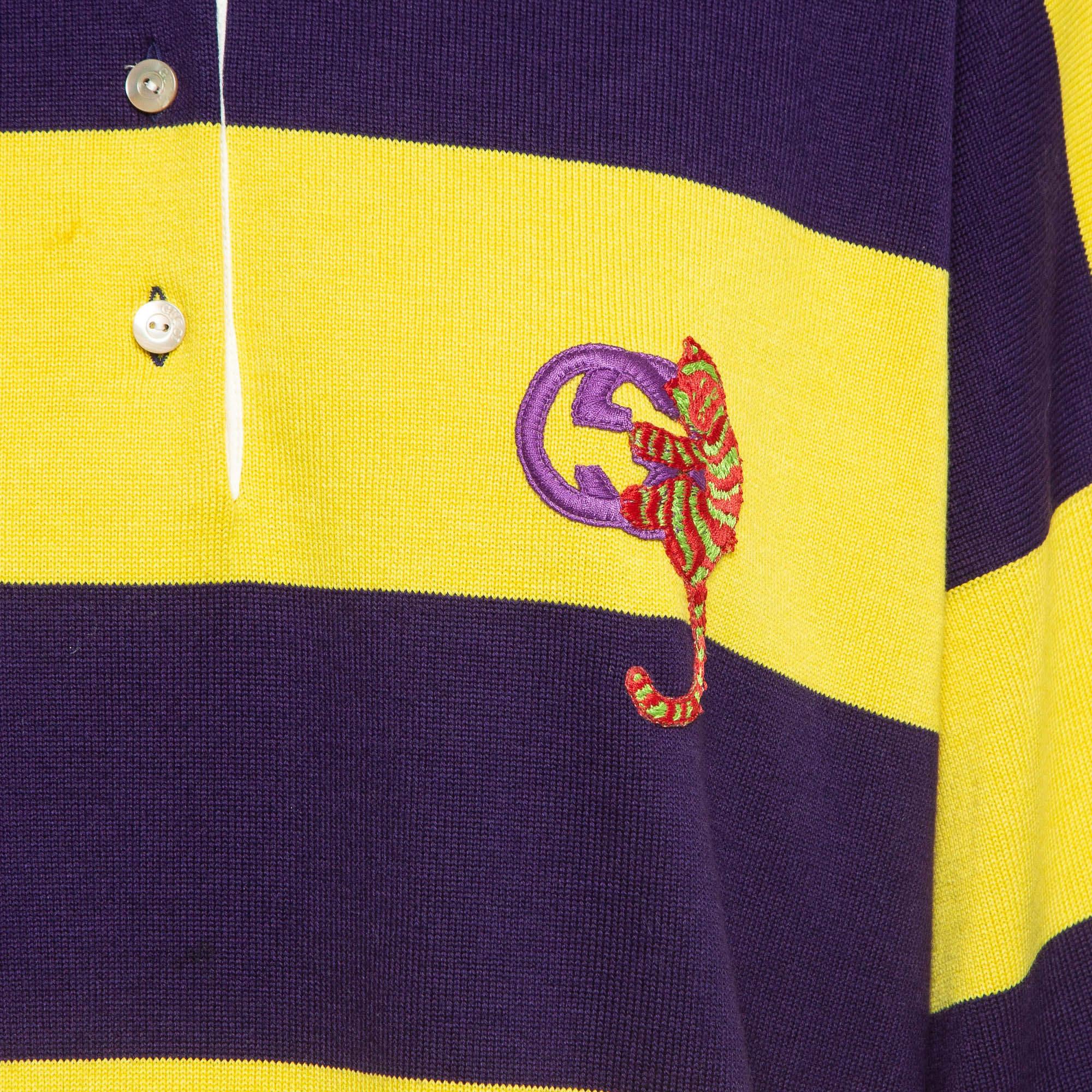 Gucci Yellow/Purple G Cat Applique Striped Cotton Knit Polo Dress L In Good Condition In Dubai, Al Qouz 2