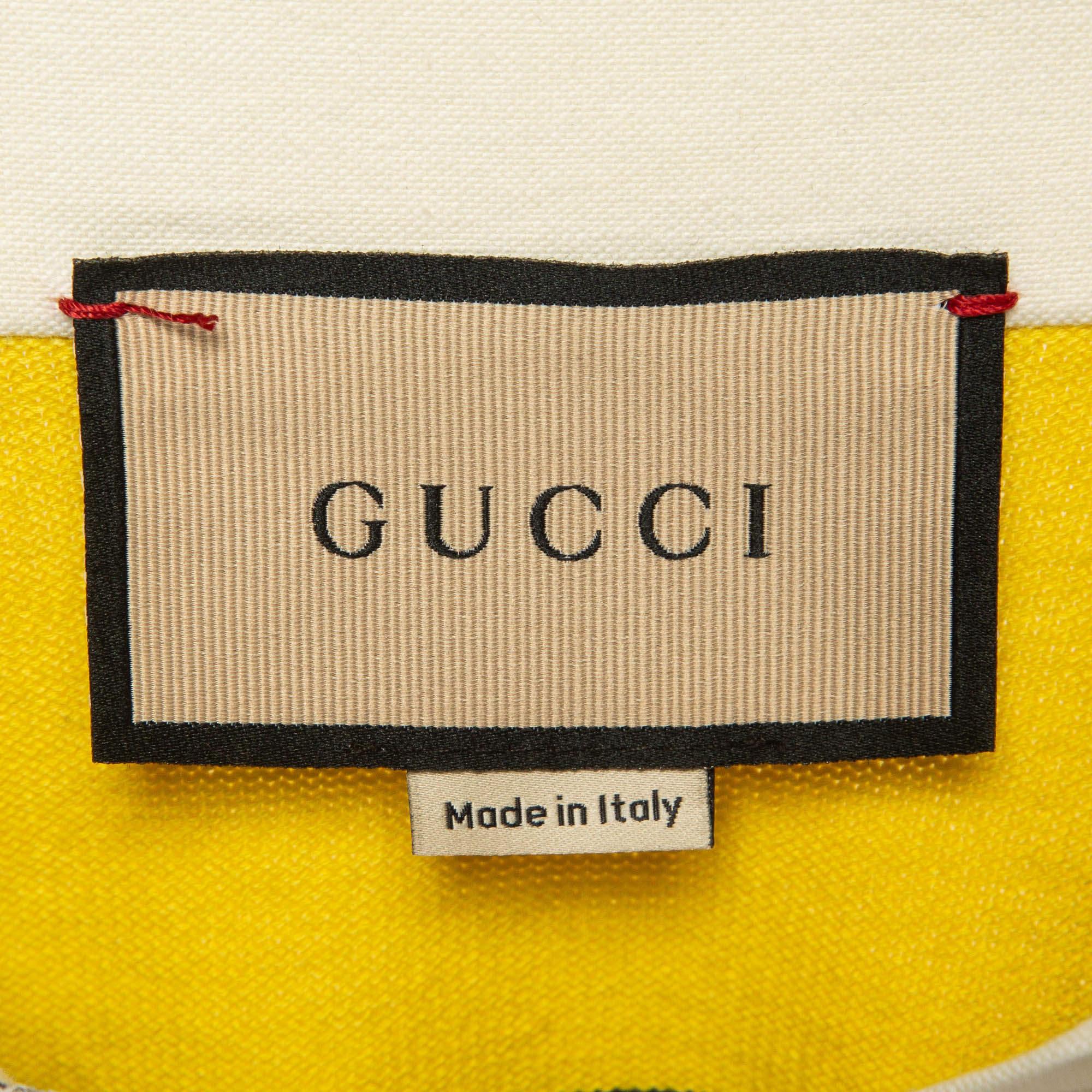 Women's Gucci Yellow/Purple G Cat Applique Striped Cotton Knit Polo Dress L