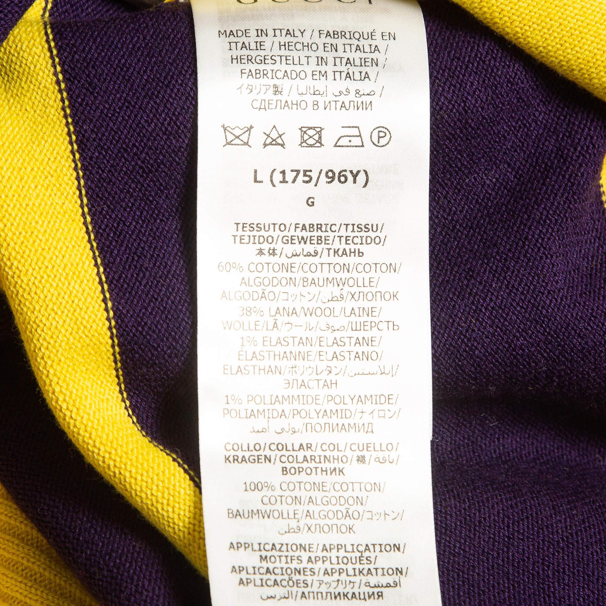 Gucci Yellow/Purple G Cat Applique Striped Cotton Knit Polo Dress L 1