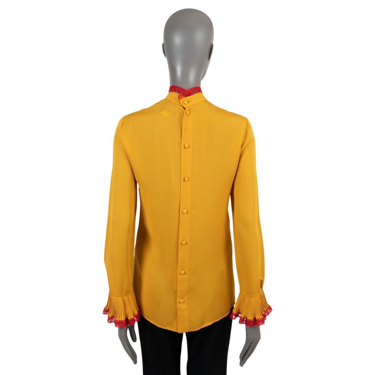 GUCCI yellow & red silk 2017 LACE TRIM RUFFLED GEORGETTE Blouse Shirt 40 S In New Condition For Sale In Zürich, CH