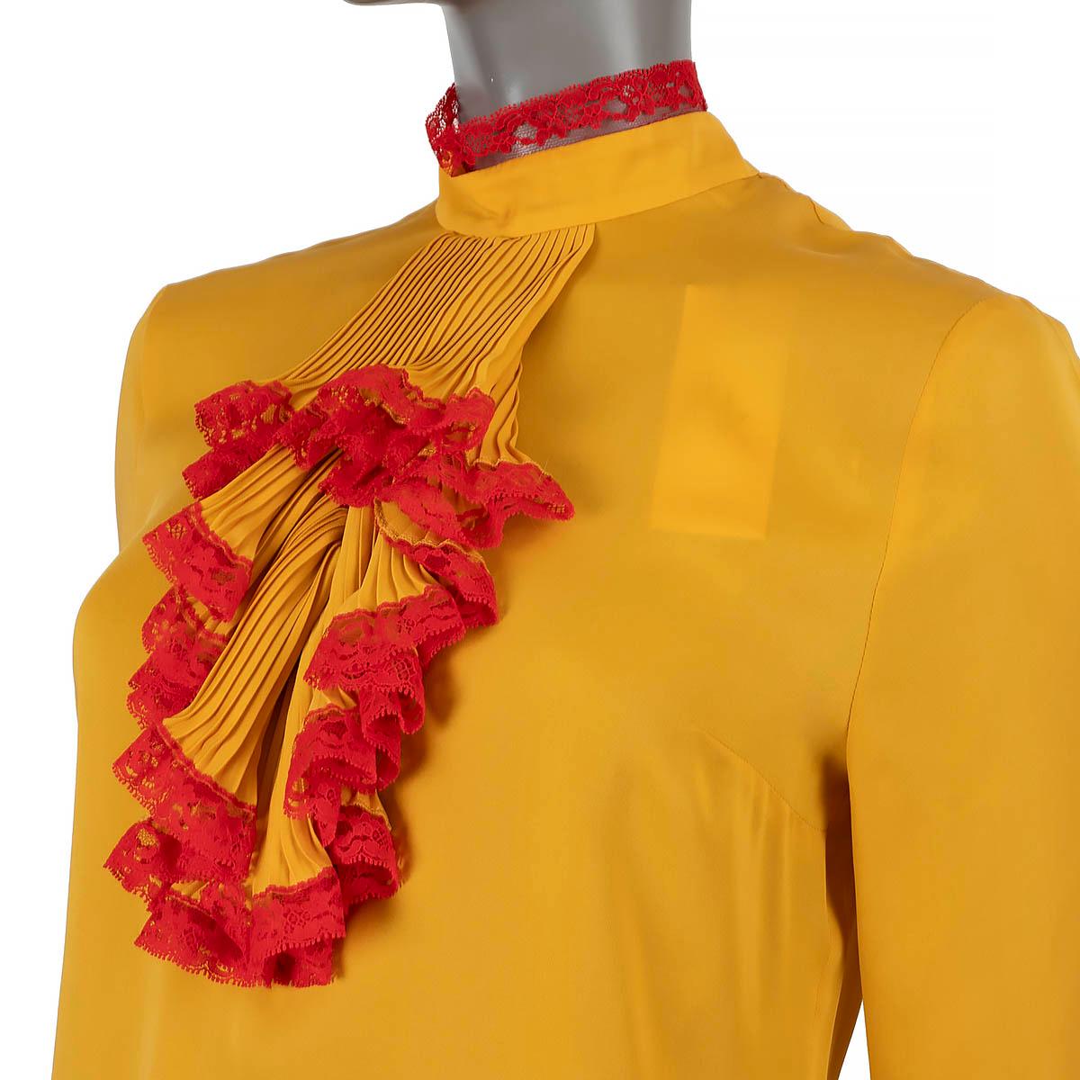 GUCCI yellow & red silk 2017 LACE TRIM RUFFLED GEORGETTE Blouse Shirt 40 S For Sale 1