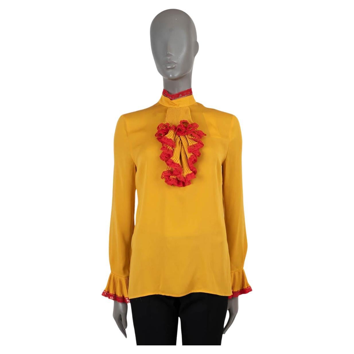 GUCCI yellow & red silk 2017 LACE TRIM RUFFLED GEORGETTE Blouse Shirt 40 S For Sale