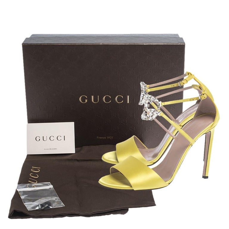 Gucci Yellow Satin Crystal Embellished Ankle Strap Sandals Size 38