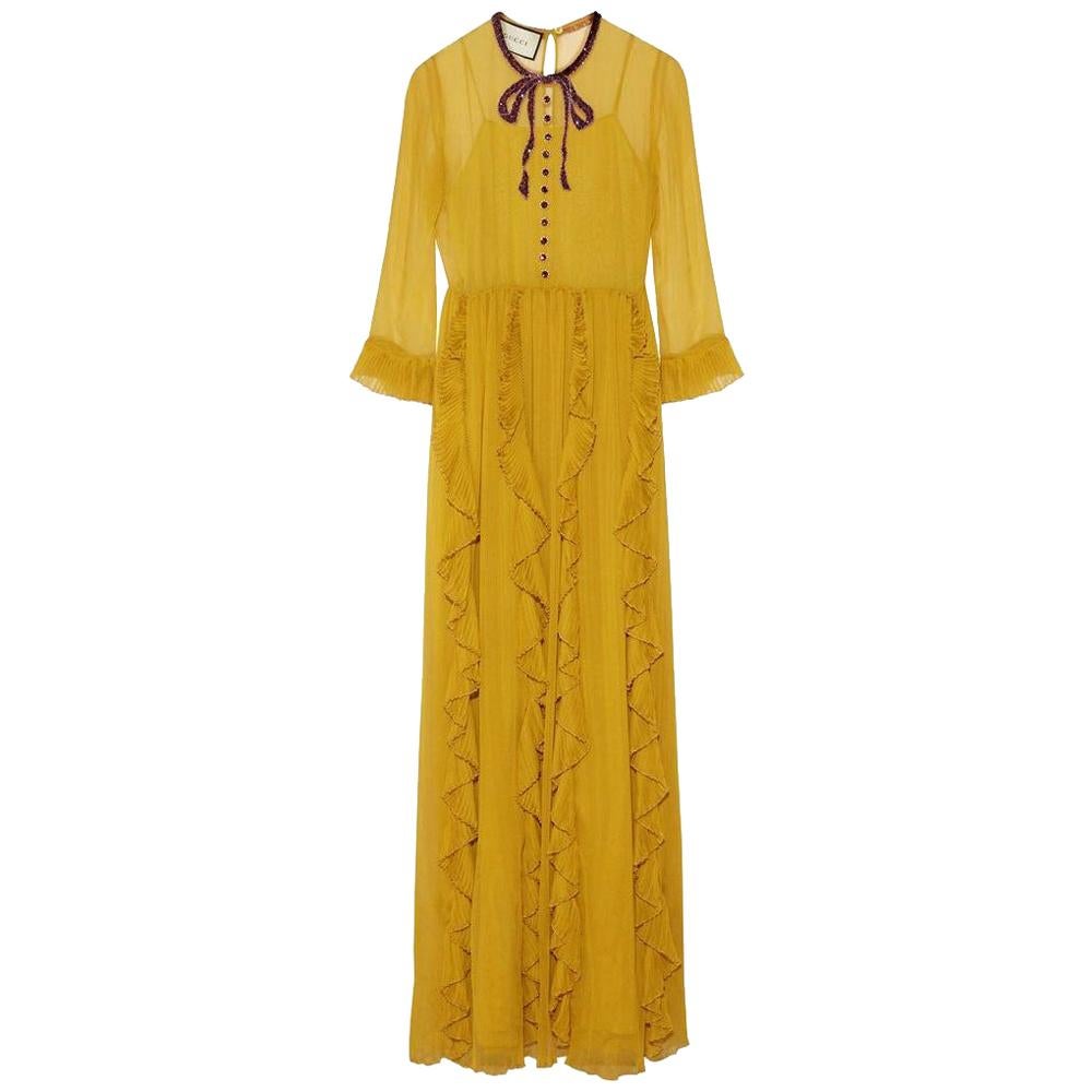 GUCCI Yellow Silk Chiffon Embroidered Gown IT38 US 0-2 For Sale
