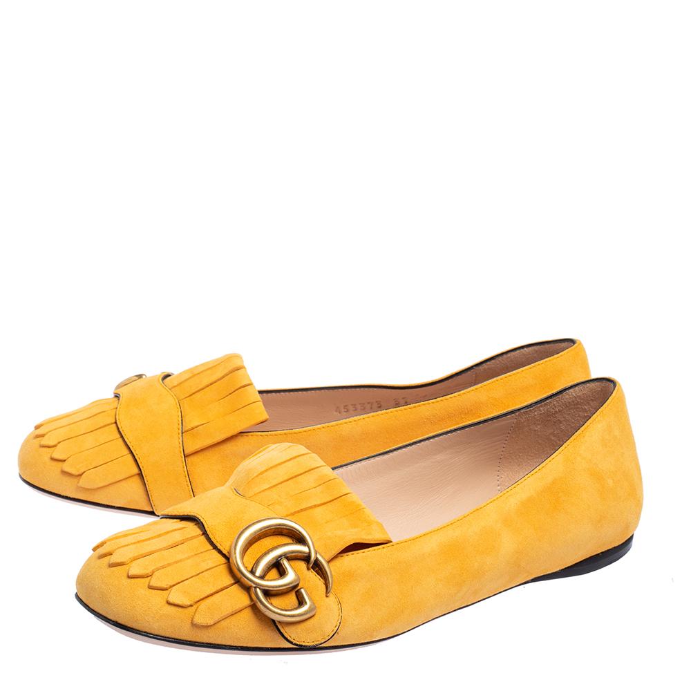 Gucci Yellow Suede GG Marmont Fringe Detail Ballet Flats Size 37 3