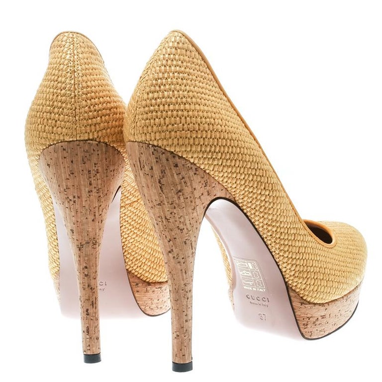 Gucci Yellow Woven Jute Bumblebee Cork Platform Pumps Size 37 For Sale at 1stdibs