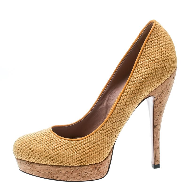 Gucci Yellow Woven Jute Bumblebee Cork Platform Pumps Size 37 2