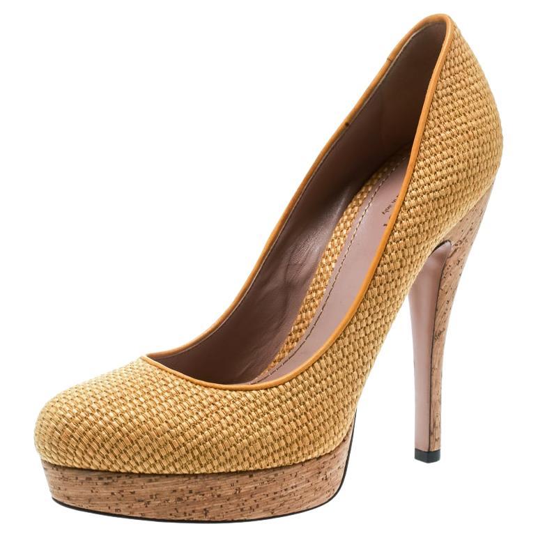 Gucci Yellow Woven Jute Bumblebee Cork Platform Pumps Size 37