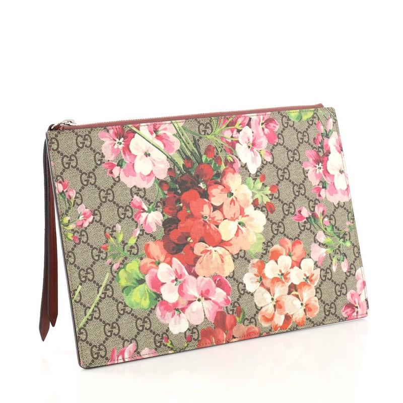 Brown Gucci Zipped Pouch Blooms Print GG Coated Canvas Large