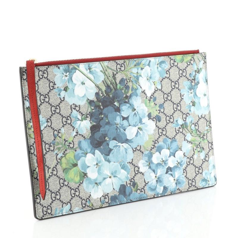 Gray Gucci Zipped Pouch Blooms Print GG Coated Canvas Large 