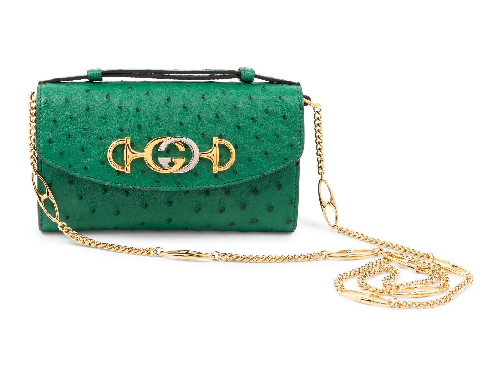 Gucci Zumi Ostrich Rare Crossbody Clutch Bag circa 2019. First introduced under the creative direction of Alessandro Michele, the Zumi made its debut on the Spring/Summer 2019 runway and is inspired by Michele's muse experimental musician Zumi