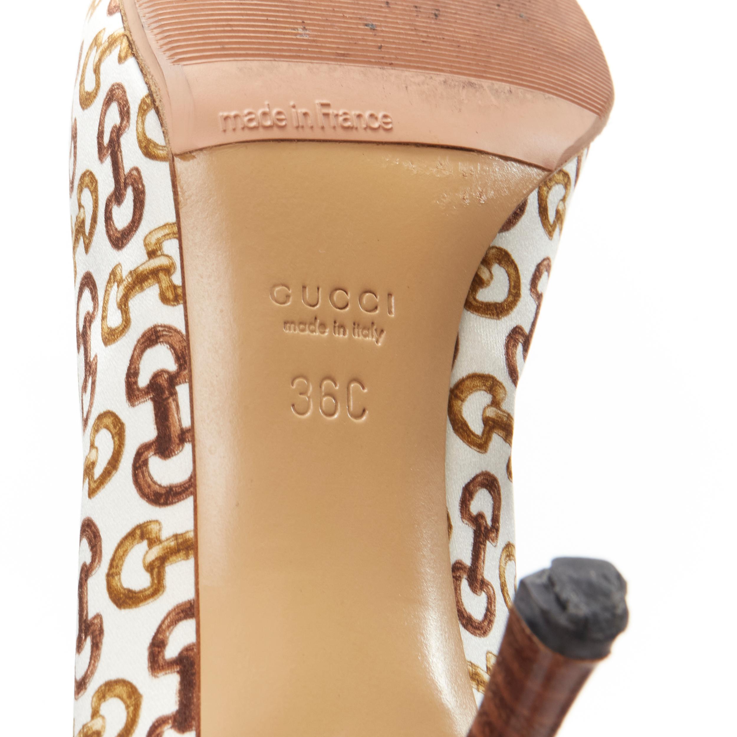 GUCCIN - Escarpins vintage en satin marron avec garniture en cuir blanc et imprimé mors de cheval EU36 C en vente 6