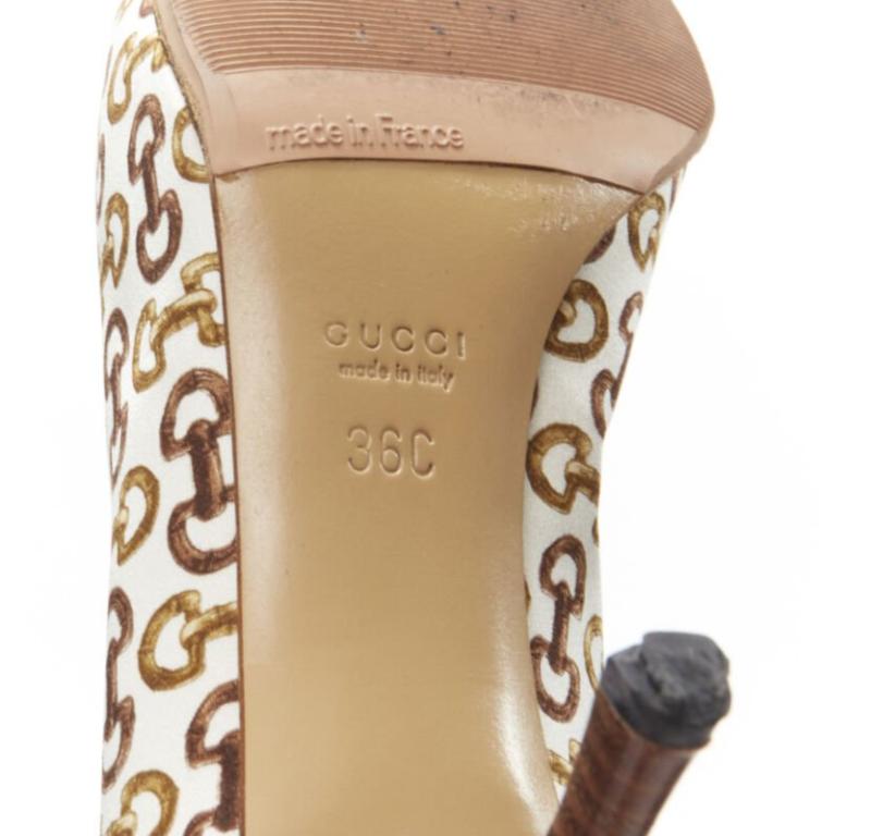 GUCCIN Vintage white leather trim brown horsebit bamboo print satin pump EU36 C For Sale 5