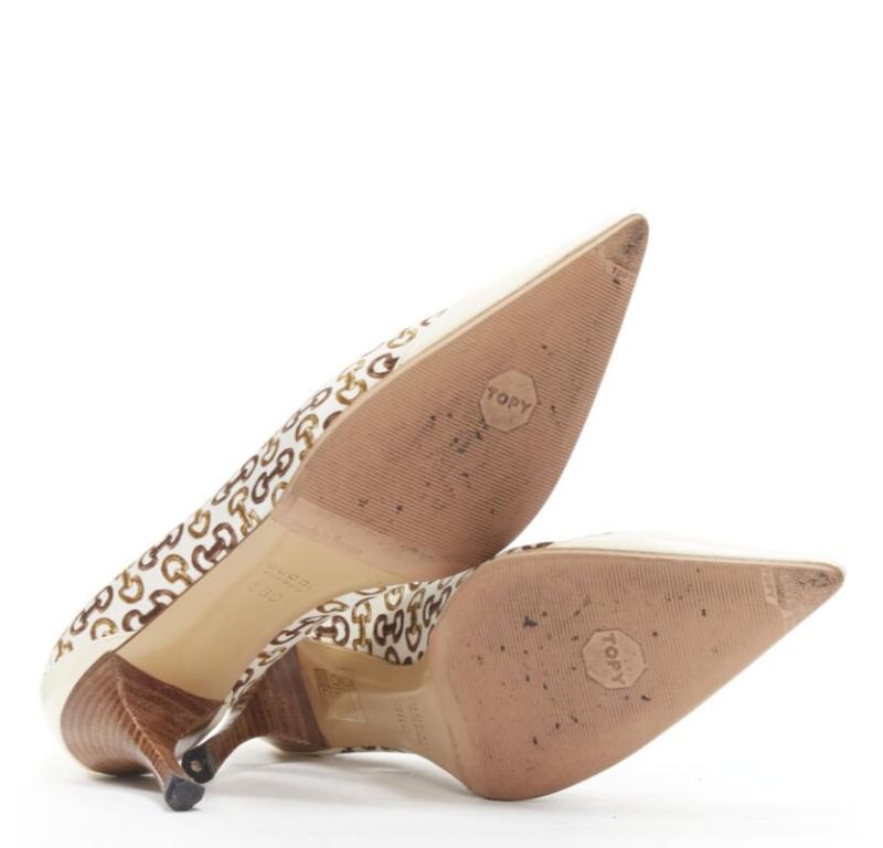 GUCCIN Vintage white leather trim brown horsebit bamboo print satin pump EU36 C For Sale 6