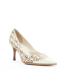 GUCCIN Vintage white leather trim brown horsebit bamboo print satin pump EU36 C