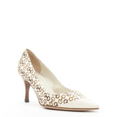 GUCCIN Vintage white leather trim brown horsebit bamboo print satin pump EU36 C