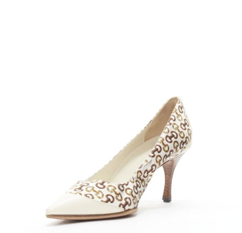 GUCCIN Vintage white leather trim brown horsebit bamboo print satin pump EU36 C In Good Condition For Sale In Hong Kong, NT