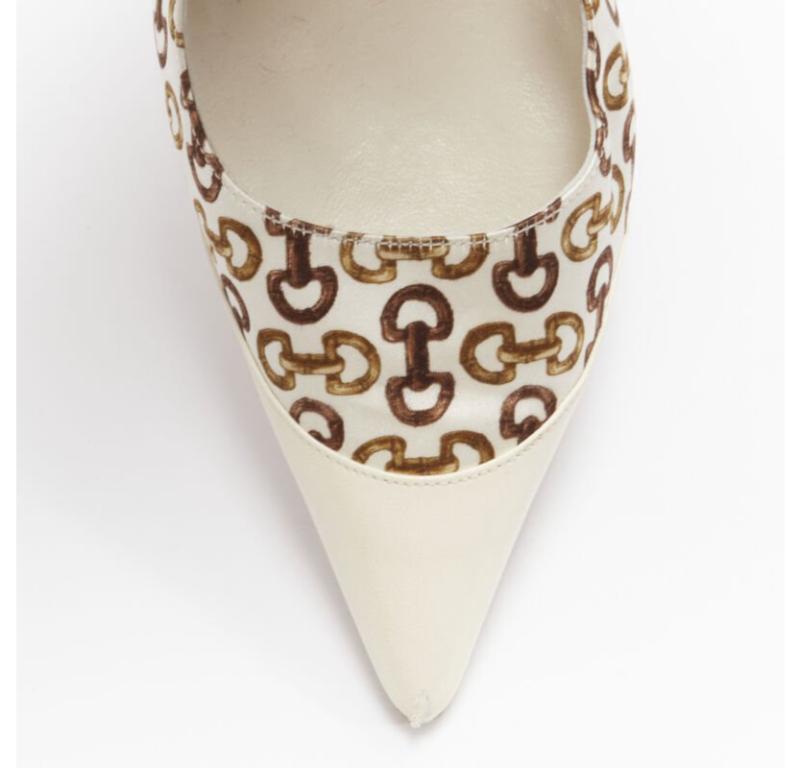 GUCCIN Vintage white leather trim brown horsebit bamboo print satin pump EU36 C For Sale 1