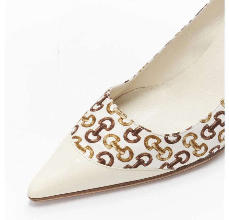 GUCCIN Vintage white leather trim brown horsebit bamboo print satin pump EU36 C For Sale 2