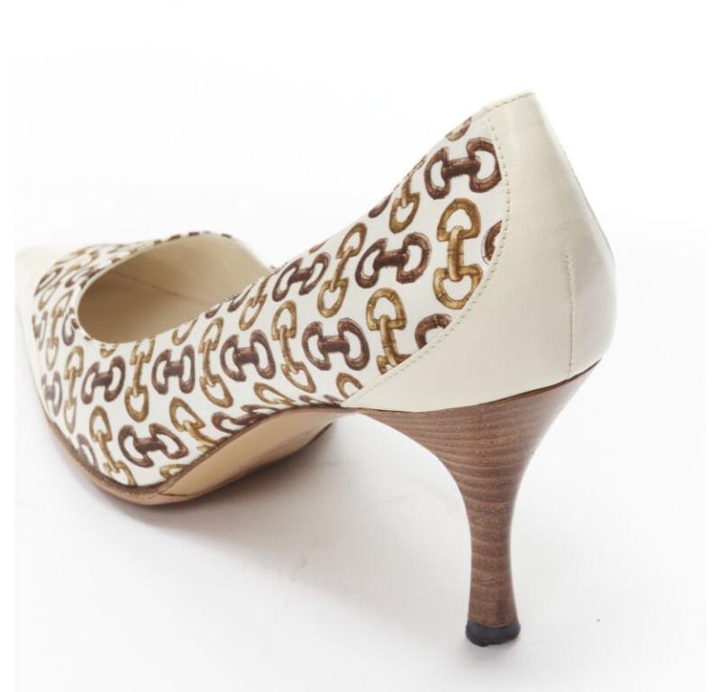GUCCIN Vintage white leather trim brown horsebit bamboo print satin pump EU36 C For Sale 3