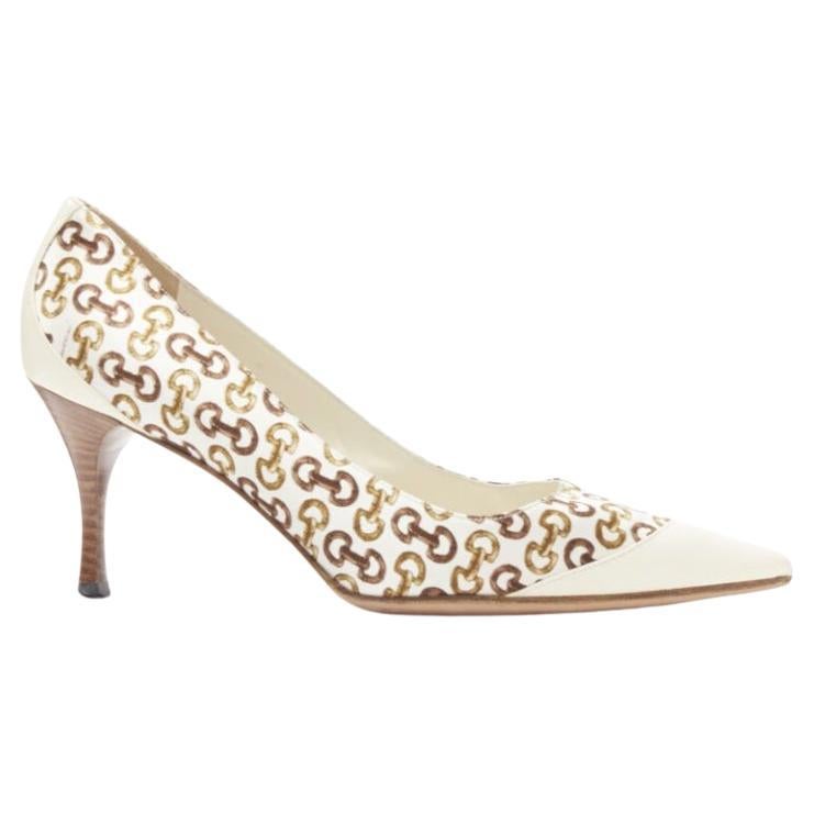 GUCCIN Vintage white leather trim brown horsebit bamboo print satin pump EU36 C For Sale