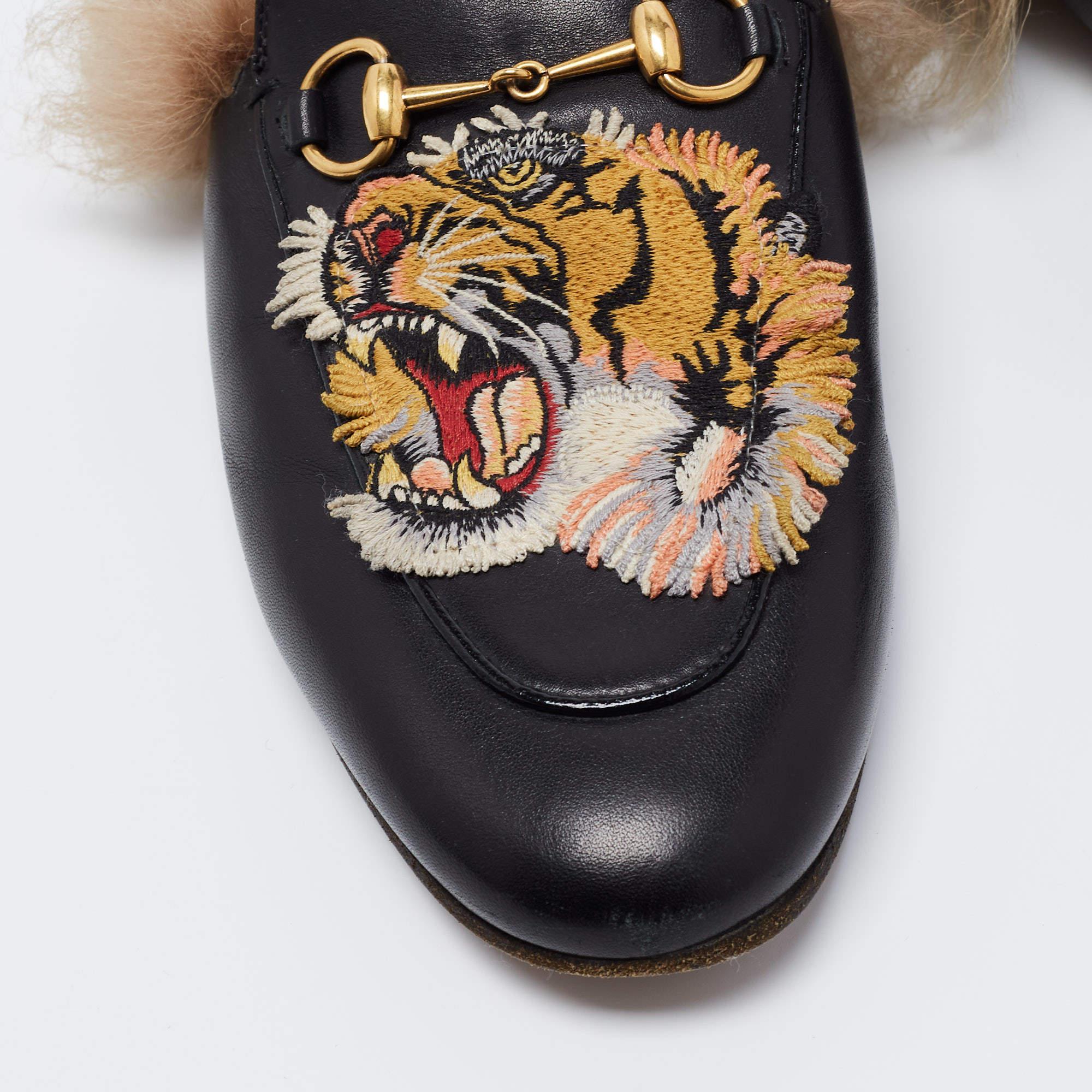 GucciTiger Embroidered Leather And Fur Princetown Horsebit Flat Mules Size 38 2