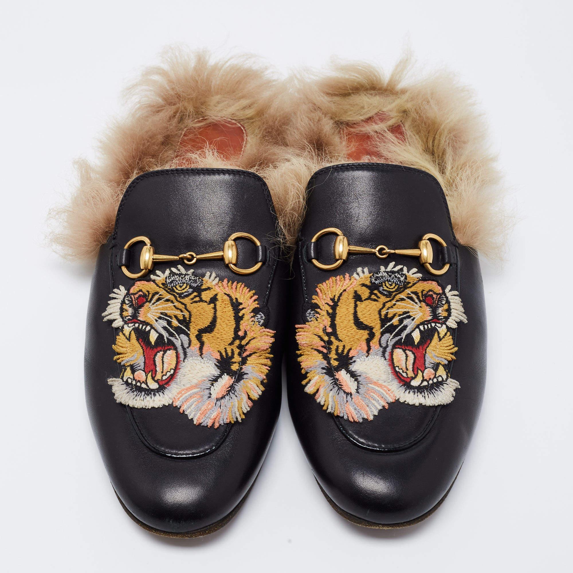 GucciTiger Embroidered Leather And Fur Princetown Horsebit Flat Mules Size 38 3