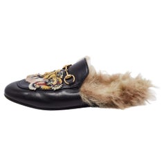 GucciTiger Embroidered Leather And Fur Princetown Horsebit Flat Mules Size 38