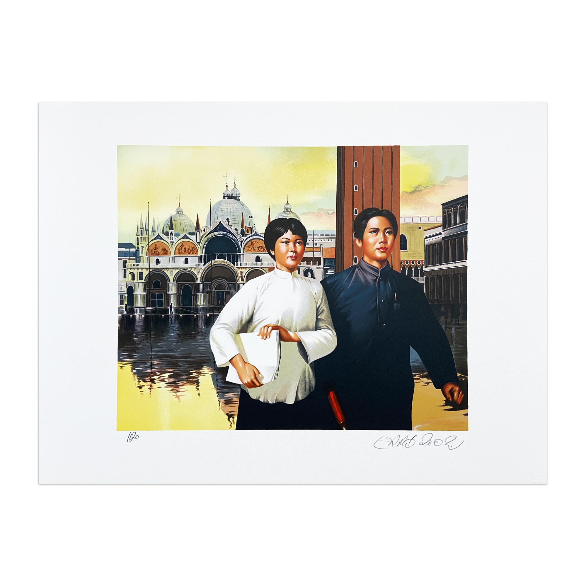 Gudmundur Gudmundsson, alias Erró (Isländer, geb. 1932)
Der letzte Besuch von Mao in Venedig, 2002
Medium: Mappe mit 12 Farblithographien auf Papier (in roter Stoffmappe)
Bildmaße: jeweils 42,5 x 32,5 cm
Maße der Blätter: je 59 x 45 cm
Auflage: 120