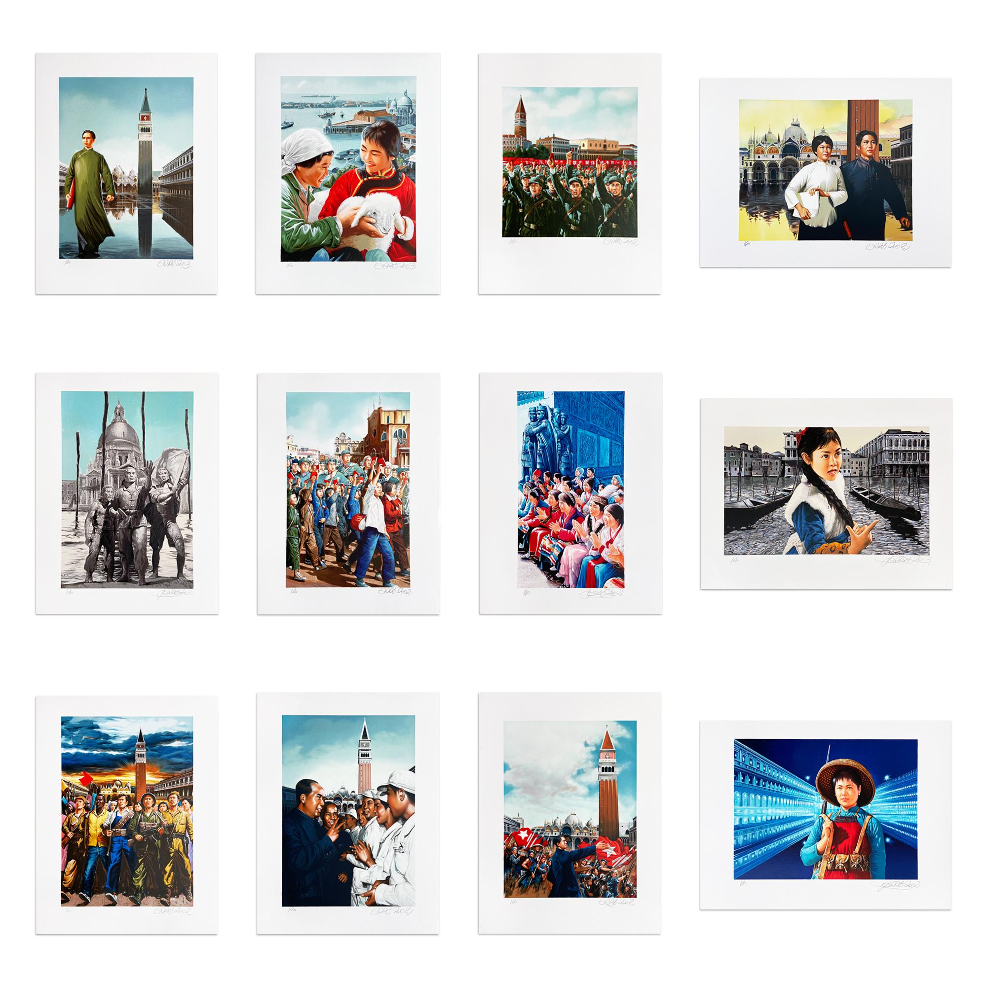 Gudmundur Erro Figurative Print - Erró, L’ultima visita di Mao a Venezia - Portfolio of 12 Signed Prints, Pop Art