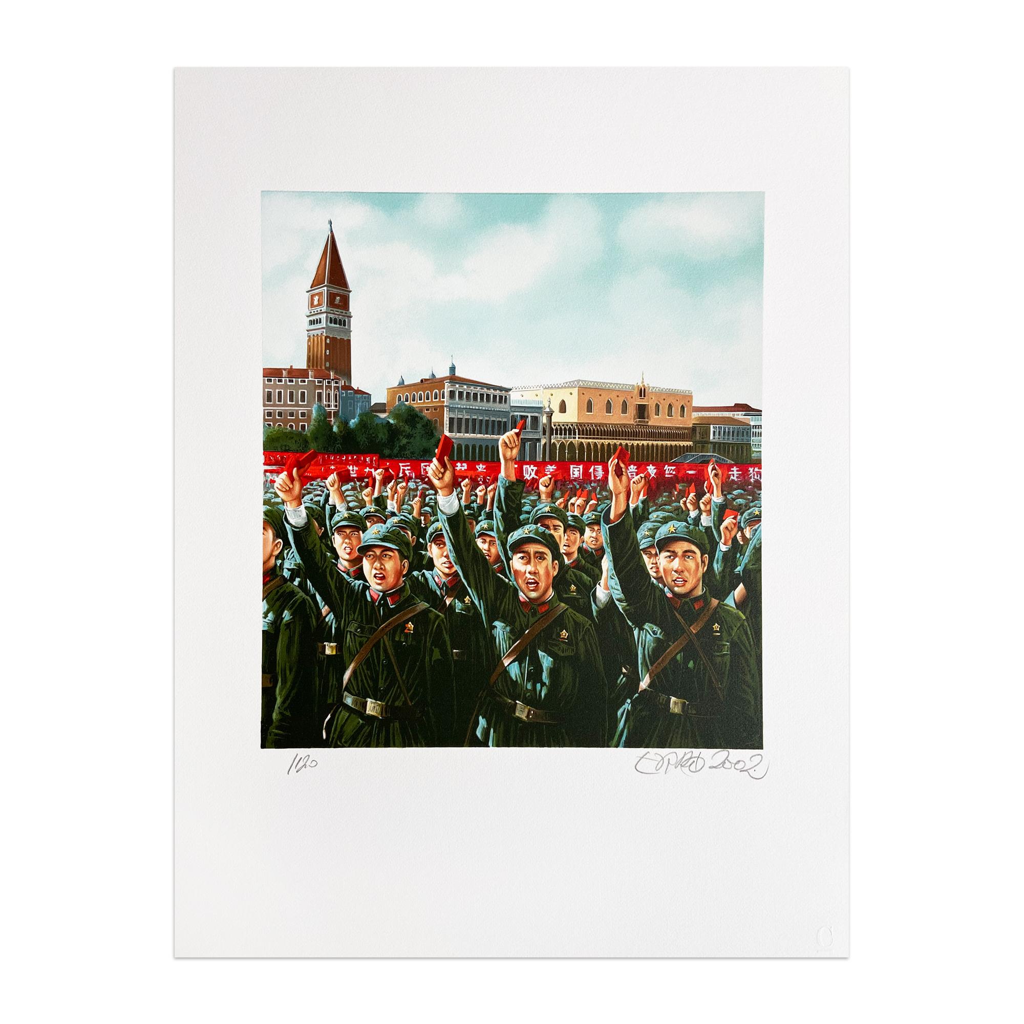 L’ultima visita di Mao a Venezia, Pop Art, Figuration Narrative, Contemporary Art - Gray Figurative Print by Gudmundur Erro