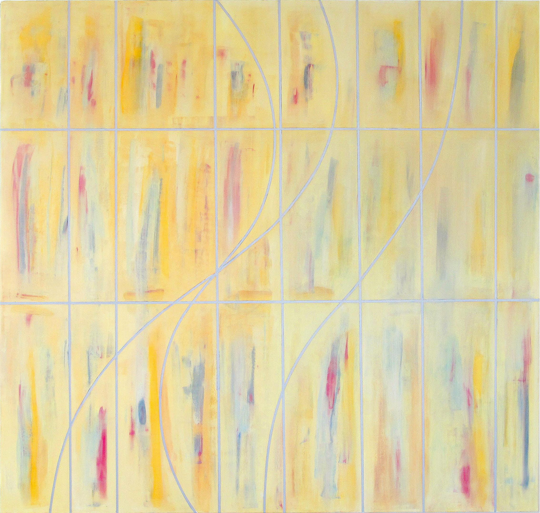 Gudrun Mertes-Frady
DAY_DREAM, 2018
Oil and metallic pigment on linen
60 x 63 in.

This large contemporary abstract oil painting is subtly metallic, and shines in the light.  Delicate silver lines dance across painterly washes of yellow and red.   